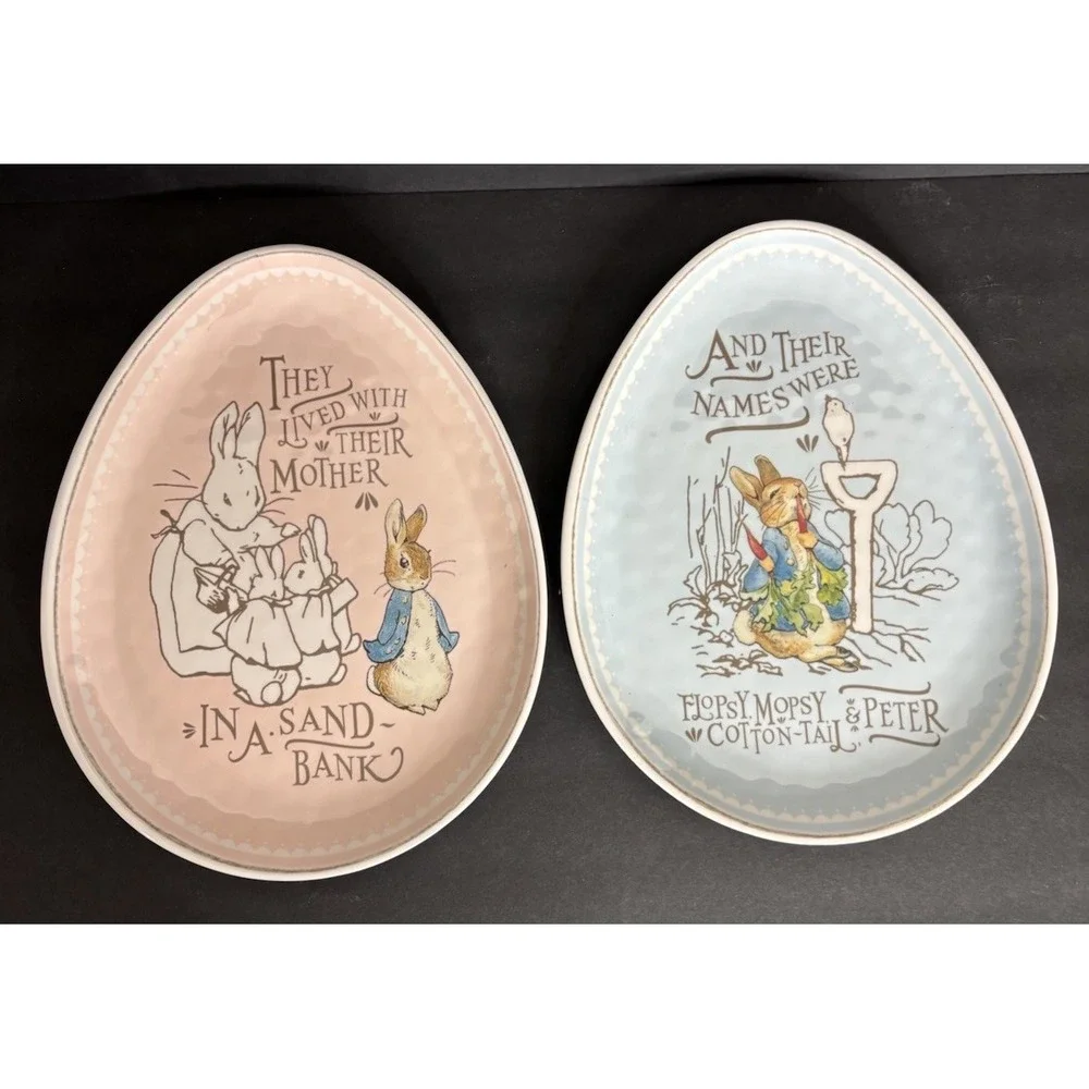 2 Pottery Barn Kids Beatrix Potter Melamine Egg Plates Shaped Easter Blue Pink